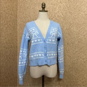 Light Blue & White Knit Bow Tie Button Up Cardigan Sweater